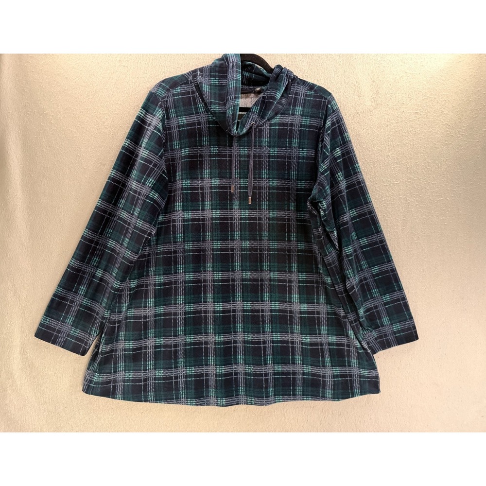 Susan Graver Weekend Top Womens 2X Blue Green Plush Knit Corduroy Funnel Neck